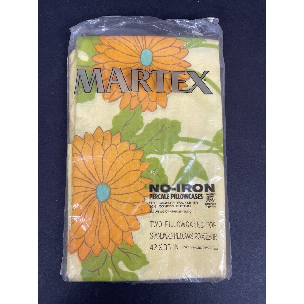 Vintage MARTEX Set of 2 Standard Pillowcases MCM Yellow Orange Flower Power NOS
